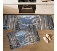 MULERN 2 Pieces Kitchen Rug Non Slip Washable Floor Mat, Winter Landscape Arch Snow Mountain Kitchen Mat Sets For Hallway, Dining Room Entryway Home Decoration, 43x75cm+43x150cm