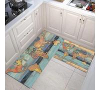 MULERN 2 Pieces Non Slip Kitchen Mat Abstract Woodblock Kitchen Rug Set, World Map Washable Hallway Runner Set, Dining Room, Entryway and Door Mat Sets, 43x75cm+43x150cm, Teal