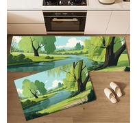 MULERN 2 Pieces Non Slip Kitchen Mat Cartoon Landscape Willow Trees River Kitchen Rug Set, Washable Hallway Runner Set, Dining Room, Entryway and Door Mat Sets, 50x80cm+50x150cm, Green
