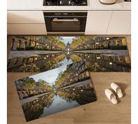 MULERN 2 Pieces Non Slip Kitchen Mat City Architecture Streets Reflections Kitchen Rug Set, Washable Hallway Runner Set, Dining Room, Entryway and Door Mat Sets, 50x80cm+50x150cm, Light Brown