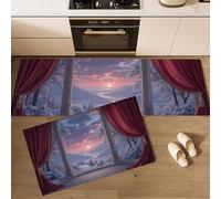 MULERN 2 Pieces Non Slip Kitchen Mat Romance Landscape Curtain Snow Scenery Kitchen Rug Set, Washable Hallway Runner Set, Dining Room, Entryway and Door Mat Sets, 50x80cm+50x150cm, Light Purple