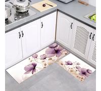 MULERN 2Pcs Non Slip Kitchen Runner Sets, Abstract Purple Flowers Purple Washable Anti Fatigue Floor Mat, Watercolor Kitchen Rug Set for Hallway, Entryway, Sink, Laundry, 40x60cm+40x120cm
