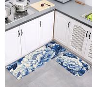 MULERN 2Pcs Non Slip Kitchen Runner Sets, Blue White Chrysanthemum Blue White Washable Anti Fatigue Floor Mat, Traditional Ink Kitchen Rug Set for Hallway, Entryway, Sink, Laundry, 40x60cm+40x120cm