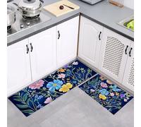 MULERN 2Pcs Non Slip Kitchen Runner Sets, Cosmos Butterfly Deep Royal Blue Washable Anti Fatigue Floor Mat, Nature Flowers Kitchen Rug Set for Hallway, Entryway, Sink, Laundry, 43x75cm+43x150cm