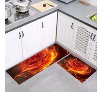 MULERN 2Pcs Non Slip Kitchen Runner Sets, Flame Rose Red Orange Washable Anti Fatigue Floor Mat, Mystical Floral Kitchen Rug Set for Hallway, Entryway, Sink, Laundry, 43x75cm+43x150cm