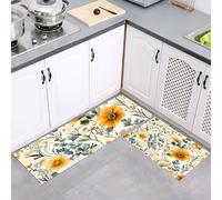 MULERN 2Pcs Non Slip Kitchen Runner Sets, Floral Botanical Yellow-Beige Washable Anti Fatigue Floor Mat, Vintage Watercolor Kitchen Rug Set for Hallway, Entryway, Sink, Laundry, 43x75cm+43x150cm