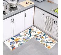 MULERN 2Pcs Non Slip Kitchen Runner Sets, Flowers Birds Blue Yellow Washable Anti Fatigue Floor Mat, Watercolor Kitchen Rug Set for Hallway, Entryway, Sink, Laundry, 43x75cm+43x150cm