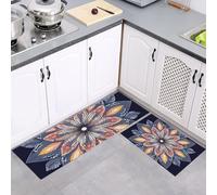 MULERN 2Pcs Non Slip Kitchen Runner Sets, Hand Drawn Mandala Gray Blue Washable Anti Fatigue Floor Mat, Geometric Art Kitchen Rug Set for Hallway, Entryway, Sink, Laundry, 40x60cm+40x120cm