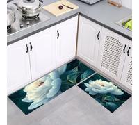 MULERN 2Pcs Non Slip Kitchen Runner Sets, Oil Painting Peony Blue-Green Washable Anti Fatigue Floor Mat, Surreal Kitchen Rug Set for Hallway, Entryway, Sink, Laundry, 40x60cm+40x120cm