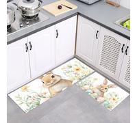 MULERN 2Pcs Non Slip Kitchen Runner Sets, Rabbit Eggs Flowers Rice Green Washable Anti Fatigue Floor Mat, Watercolor Kitchen Rug Set for Hallway, Entryway, Sink, Laundry, 43x75cm+43x150cm