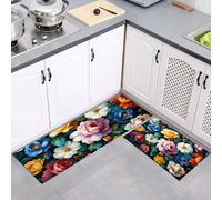 MULERN 2Pcs Non Slip Kitchen Runner Sets, Roses Flowers Colorful Washable Anti Fatigue Floor Mat, Impressionism Art Kitchen Rug Set for Hallway, Entryway, Sink, Laundry, 40x60cm+40x120cm
