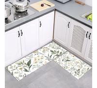 MULERN 2Pcs Non Slip Kitchen Runner Sets, Wildflowers Leaves White Green Washable Anti Fatigue Floor Mat, Hand-Painted Kitchen Rug Set for Hallway, Entryway, Sink, Laundry, 40x60cm+40x120cm