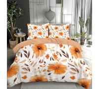 MULERN 3 Piece Duvet Cover Set, Orange Flowers Microfiber King Size Quilt Cover Pillow Case Pure White Bedding Set, Watercolor Flowers Easy Care Machine Wash Anti Allergic Duvet Covers