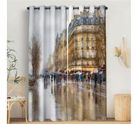MULERN Blackout Curtains for Bedroom, City Landscape Printed Bedroom Living Room With Eyelet, Paris Rainy Day Beige Gray, W 66" x L 72" Thermal Total Room Darkening Window Curtain 2 Panels