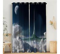 MULERN Blackout Curtains for Bedroom, Futurism Printed Bedroom Living Room With Eyelet, Sky Tower Dark Blue, W 66" x L 90" Thermal Total Room Darkening Window Curtain 2 Panels