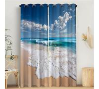 MULERN Blackout Curtains for Bedroom, Landscape Printed Bedroom Living Room With Eyelet, Sky Blue Beach Deep Blue, W 66" x L 72" Thermal Total Room Darkening Window Curtain 2 Panels