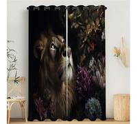 MULERN Blackout Curtains for Bedroom, Nature Animals Printed Bedroom Living Room With Eyelet, Lion Flowers Black, W 46" x L 72" Thermal Total Room Darkening Window Curtain 2 Panels