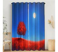 MULERN Blackout Curtains for Bedroom, Oil Painting Printed Bedroom Living Room With Eyelet, Red Trees Hills Red Blue, W 46" x L 72" Thermal Total Room Darkening Window Curtain 2 Panels