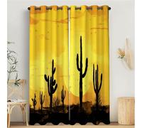 MULERN Blackout Curtains for Bedroom, Western Landscape Printed Bedroom Living Room With Eyelet, Cactus Silhouette Yellow, W 66" x L 90" Thermal Total Room Darkening Window Curtain 2 Panels