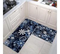 MULERN Christmas Kitchen Rugs Set 2 Piece, Standing Floor Mat Non Slip Snowflakes Swirling Eddies Christmas Theme Mats for Bedroom, Living Room, Hallway (43x75cm+43x150cm Dark Blue)