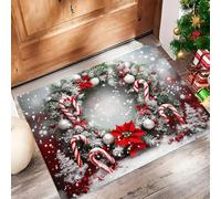 MULERN Christmas Wreaths Candy Canes Prints Machine Washable Doormat 50x80cm, Soft Non-Slip Low Pile Indoor Rug, Christmas Theme Waterproof Entrance Mat For Hallway, Kitchen, Front Door, Gray-Green