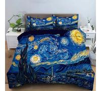 MULERN Classic Oil Painting King Size Duvet Cover Sets - Starry Sky Small Town Quilt Cover King Size Bedding Set 3 Pcs - Ultra Soft Hypoallergenic Duvet Covers Set With Zipper Closure
