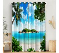 MULERN Curtains For Living Room, Boys Girls Bedroom Blue Island Palm Trees Curtain, Eyelet Blackout Tropical Beach 3D Print Soft Thermal Insulated Curtains - 2 Panels W 66" x L 72"