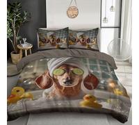 MULERN Cute Animals Print Duvet Cover Set Single Brown - Bathtub Dachshund Pattern Bedding with 2 Matching Pillowcases, Soft Easy Care Microfibre Luxurious Quilt Cover