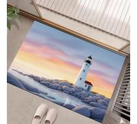 MULERN Door Mats Indoor 60x90cm, Rocks Coastline Lighthouse Heavy Duty Door Matts, Absorbent Non Slip Floor Mat, Watercolor Illustration Welcome Entrance Doormats Machine Washable Low Profile Doormat