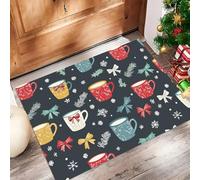 MULERN Door Mats Indoor Washable, Soft Low Pile 50x80cm Non-slip Entrance Carpet, Christmas Theme Coffee Cup Holly Leaf Print Floor Mat for Kitchen Laundry Bedroom, Dark Gray