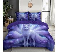 MULERN Double Duvet Cover Set, Ultra Soft Comfy Quilt Covers Starry Sky Nine-Tailed Fox Bedding Set, Fantasy Animals Print Reversible Bedding Kids Duvet Covers with Pillowcase, Purple