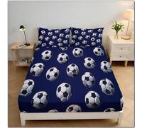 MULERN Double Fitted Sheets, Arrangement Football Pattern Sports Theme Print Soft Microfibre Fitted Bed Sheets, 30cm Deep Pocket, Anti-Slip Bedsheets with 2 Pillowcase, Navy Blue