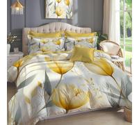 MULERN Double Size Microfiber Duvet Cover Sets, Yellow Tulip Ultrasoft Hypoallergenic Reversible Elegant Flowers 3 Pcs Bedding Set With Zipper Closure, Breathable Bed Covers