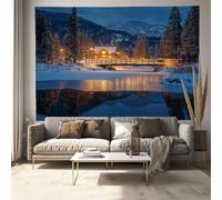 MULERN Dream Winter Wall Tapestry - Fishing Village Hut Tapestry Wall Hanging Home Room Decoration for Living Room, Bedroom, Beach Blanket or Yoga Mat, 100x75cm, Dark Blue