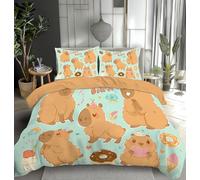 MULERN Duvet Cover Set Single, Cute Bedding Set 3 Pieces, Capybara Donut Reversible Bedspread Microfiber Bedding Covers, Coral Green Soft Luxury Quilt Cover with Zipper