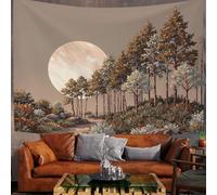 MULERN Fake Window View Decorations Tapestry Large Wall Hanging, Full Moon Forest Wall Art Tablecloths Tapestry, Oil Painting Landscape Beige Brown Poster for Living Room Bedroom, 78x59in