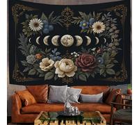 MULERN Fake Window View Decorations Tapestry Large Wall Hanging, Full Moon Waning Moon Flowers Wall Art Tablecloths Tapestry, Classical Mysterious Black Poster for Living Room Bedroom, 78x59in