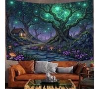 MULERN Fake Window View Decorations Tapestry Large Wall Hanging, Glowing Light Forest Path Wall Art Tablecloths Tapestry, Fantasy Mystery Purple-Green Poster for Living Room Bedroom, 59x51in