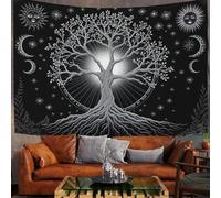 MULERN Fake Window View Decorations Tapestry Large Wall Hanging, Sun Moon Tree Wall Art Tablecloths Tapestry, Mystery Celestial Bodies Black Poster for Living Room Bedroom, 78x59in