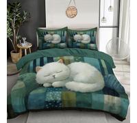 MULERN Kids Bedding Sofa White Cat Duvet Cover Set with Reversible Design - Oil Painting Animals Fluffy Microfiber Hypoallergenic Super King Quilted Bedding 3 Pieces/220x260cm