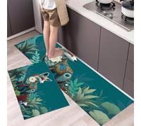 MULERN Kitchen Rug Set 2 Piece, Non-Slip Water Absorb Cushioned Runner and Mat, Ethnic Groups Animals Washable Floor Mats for Kitchen Next to Sink Hallway Laundry 40x60cm+40x120cm, Plants Foxes