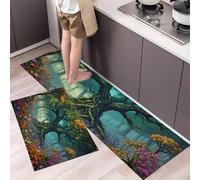 MULERN Kitchen Rug Set 2 Piece, Non-Slip Water Absorb Cushioned Runner and Mat, Fantasy Washable Floor Mats for Kitchen Next to Sink Hallway Laundry 43x75cm+43x150cm, Forest Trees Flowers