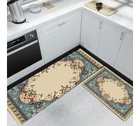 MULERN Kitchen Rug Set 2 Piece, Non-Slip Water Absorb Cushioned Runner and Mat, Traditional Ethnic Washable Floor Mats for Kitchen Next to Sink Hallway Laundry 50x80cm+50x150cm, Flowers Vines