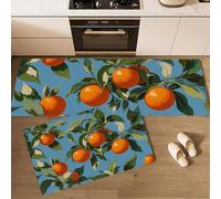 MULERN Kitchen Rug Set 2 Piece Orange Fruit Tree Non Slip Washable, Plant Illustration Kitchen Floor Mat Anti Fatigue Set, Absorbent Carpets with Anti-slip Stickers (40x60cm+40x120cm)