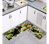 MULERN Kitchen Rugs Nature Runner Set of 2, Anti Fatigue Floor Mat for Home Decor Office, Pebbles Lotus Leaves Waterproof Non Slip Kitchen Rug Set Standing Mats White Green, 43x75cm+43x150cm