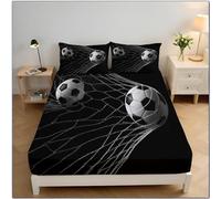 MULERN Microfiber Fitted Sheet Sets Football Net with Deep Pocket 30cm, King Size Ultra Soft Sports Theme Bed Fitted Sheets Black, Easy Care Comfort Bedding Set, 2x Pillowcases