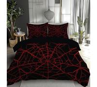 MULERN Punk Bedding Set, Red Spiderweb Double Duvet Cover with Pillowcase, Microfibre Reversible Quilt Covers, 3 Piece Soft Bed Set, Machine Washable, Zipper Closure, Black red