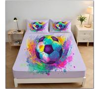 MULERN Single Fitted Sheets, Ink Splash Football Pattern Abstract Sports Print Soft Microfibre Fitted Bed Sheets, 30cm Deep Pocket, Anti-Slip Bedsheets with 2 Pillowcase, Colorful