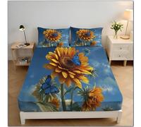 MULERN Single Fitted Sheets, Sunflower Butterfly Pattern Nature Flowers Print Soft Microfibre Fitted Bed Sheets, 30cm Deep Pocket, Anti-Slip Bedsheets with 2 Pillowcase, Blue