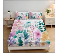 MULERN Small Double Fitted Sheet 30cm Deep Fit, Soft Brushed Microfibre Watercolor Plants Spring Leaves Flowers Print Colorful Fade Resistant Fitted Bed Sheets with 2 Envelope Pillowcases, 120x200cm